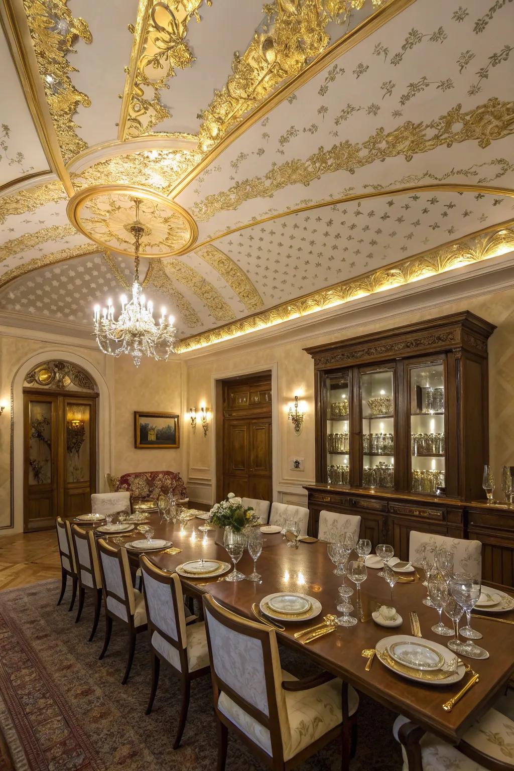 Gold leaf accents introduce a touch of glamour to this lounge ceiling.