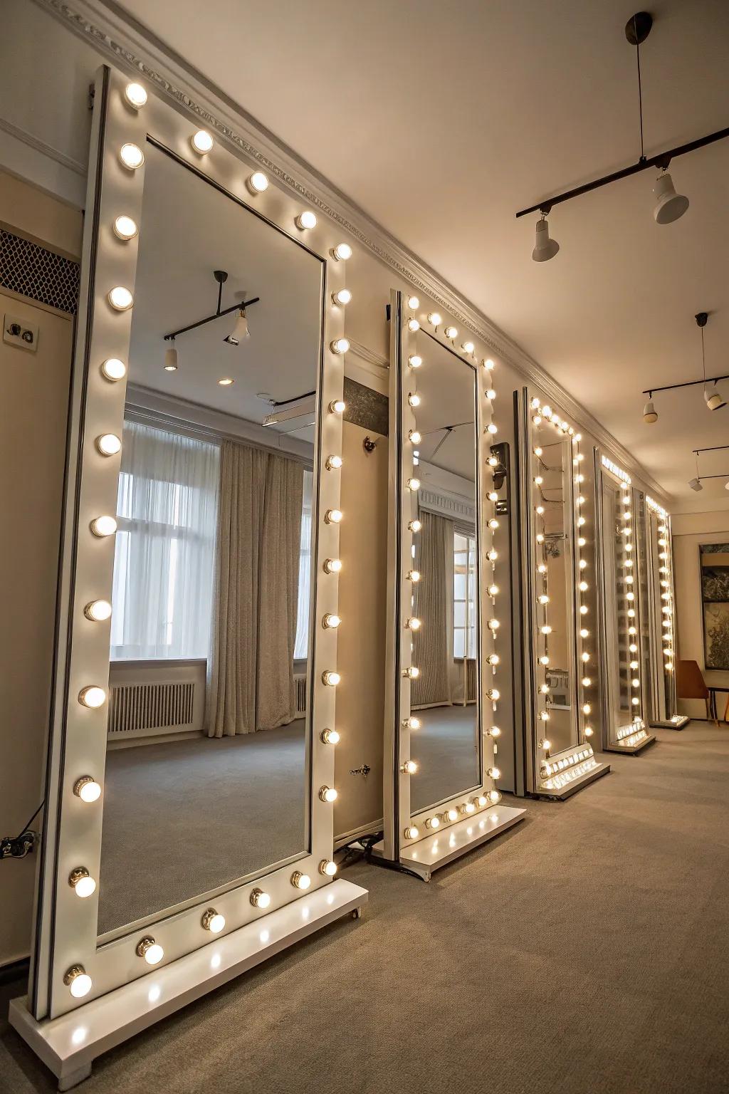 Illuminated mirrors bounce and expand light, enhancing space.