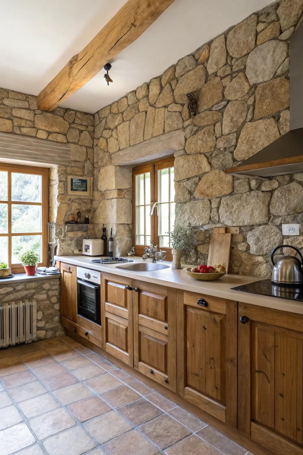 A kitchen featuring a rustic stone accent wall for an earthy texture.