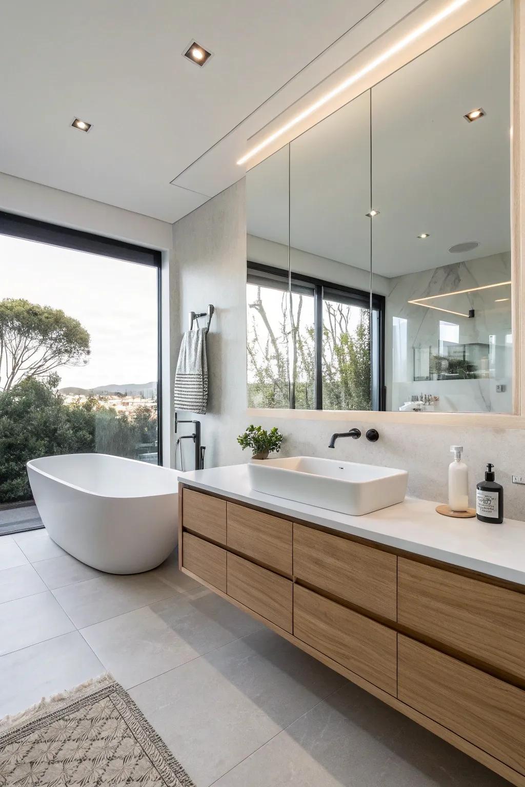 A suspended vanity offers a streamlined and modern look.