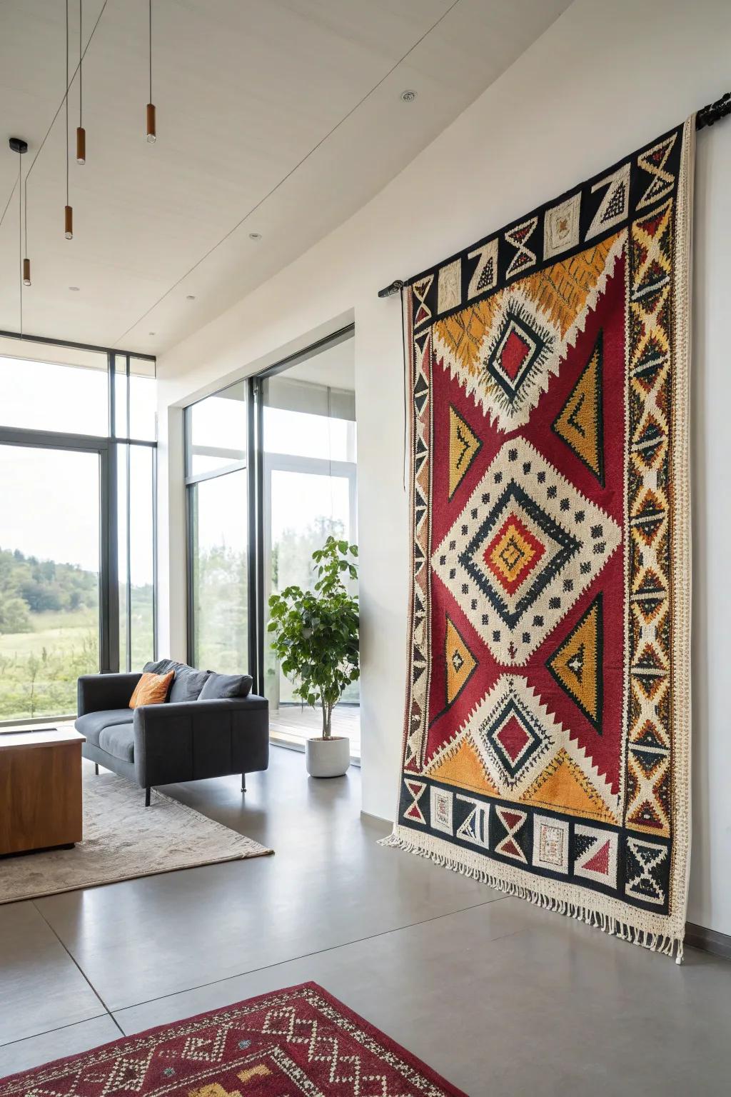 Geometric wall hangings offer a modern twist.