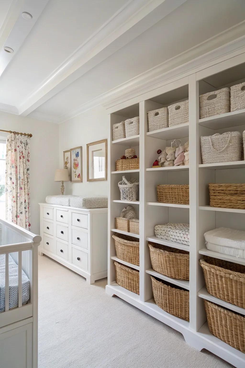 Ingenious storage options keep a white nursery organized and uncluttered.