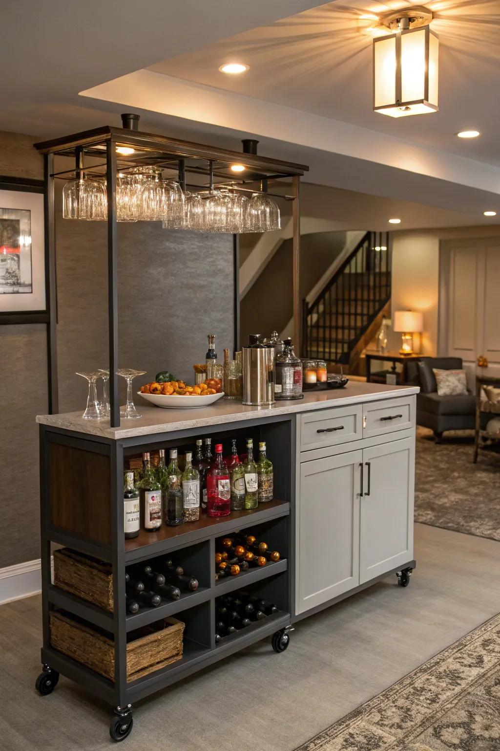 A mobile drinks trolley adds flexibility to this bar.