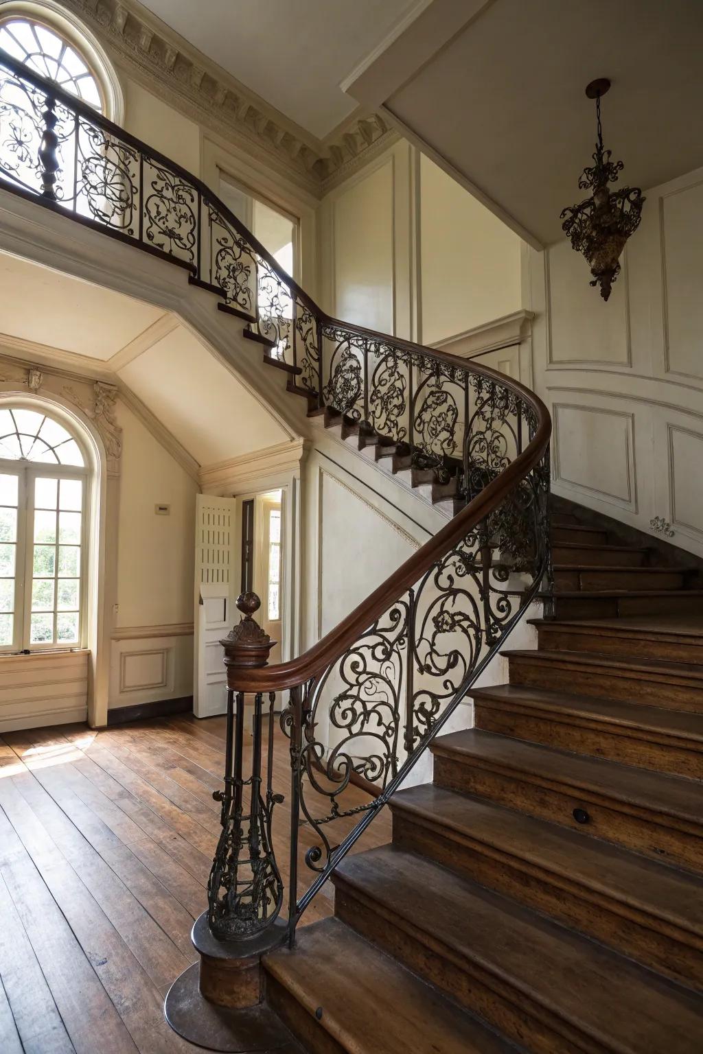 Forged iron railings introducing a robust touch to a colonial house.