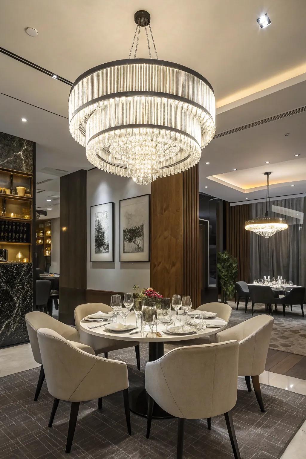 A dining space featuring a bold, contemporary chandelier.