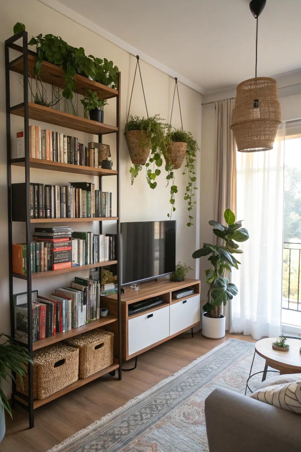 Vertical storage solutions optimize space in this stylish living room.