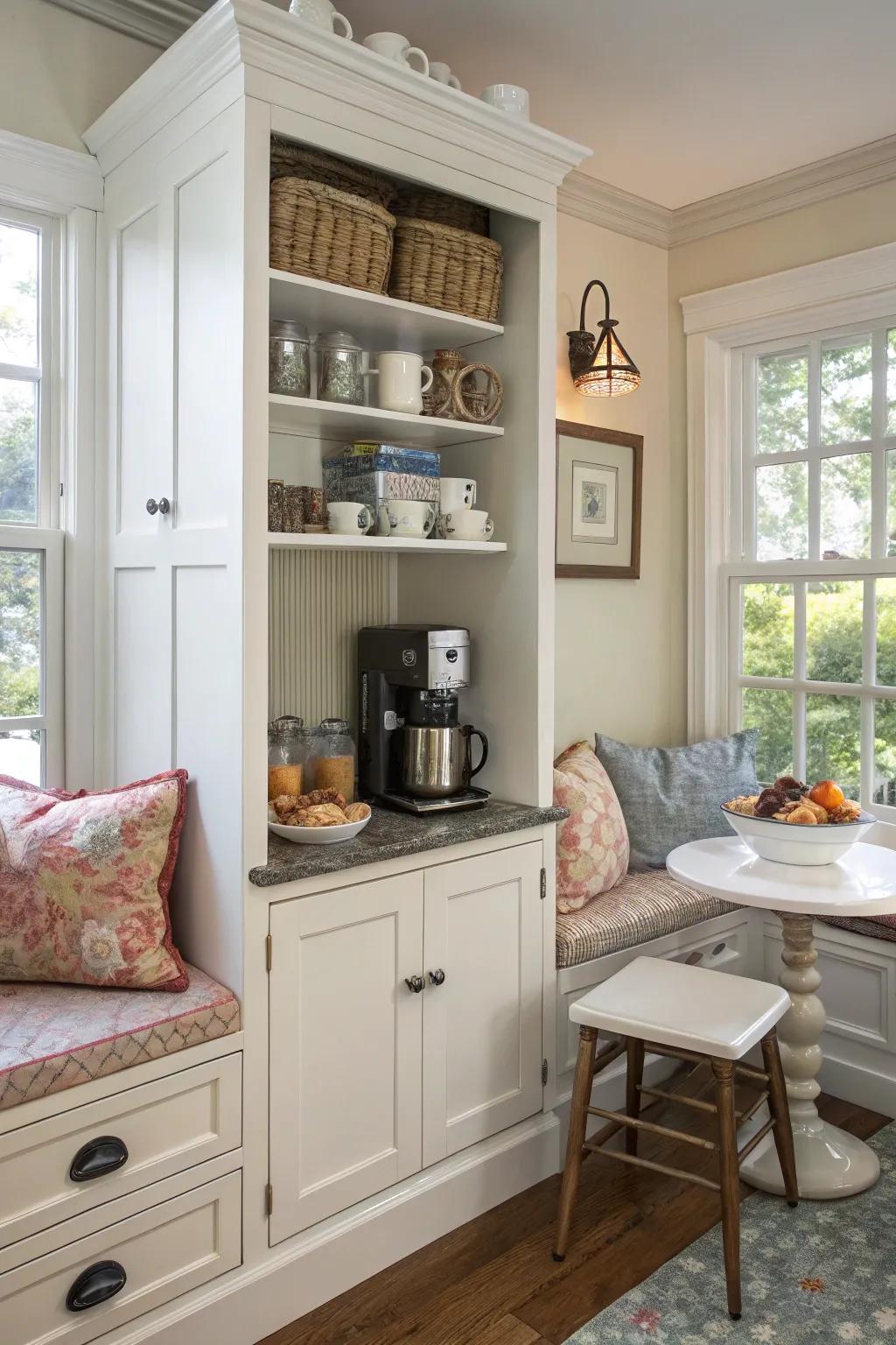 A breakfast nook in a cabinet combines convenience with a cozy morning setup.