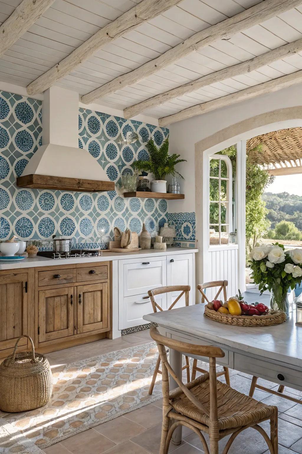 A Mediterranean-inspired kitchen featuring refreshing blue arabesque tiles.
