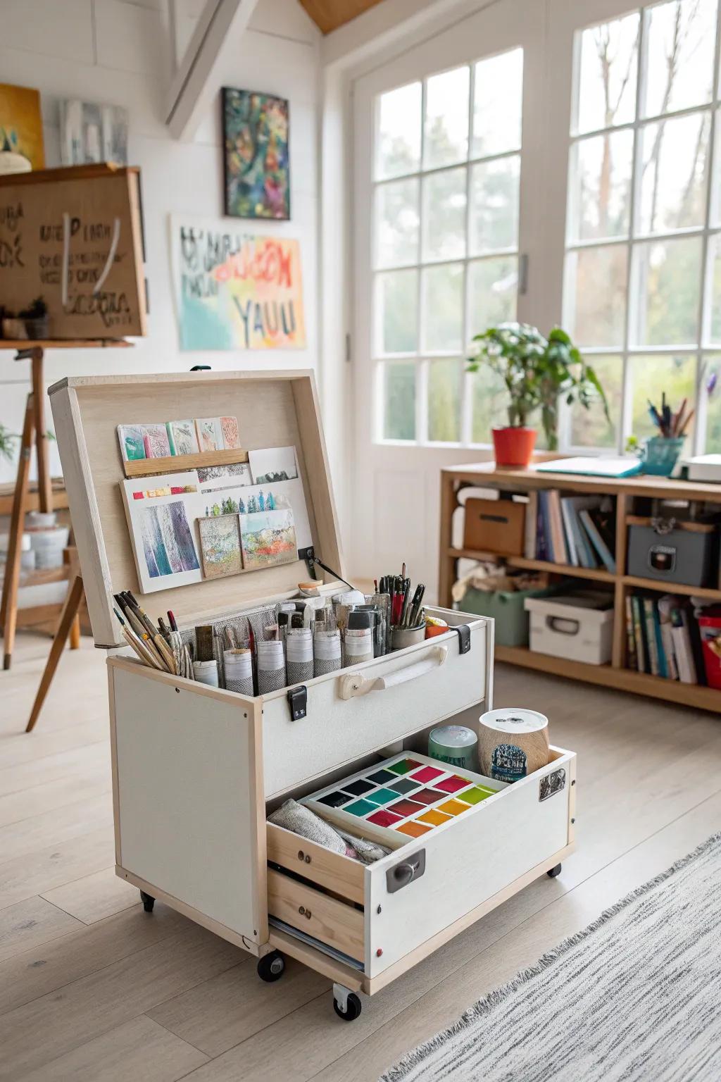 Rolling storage units offer flexible solutions for organizing your art supplies.