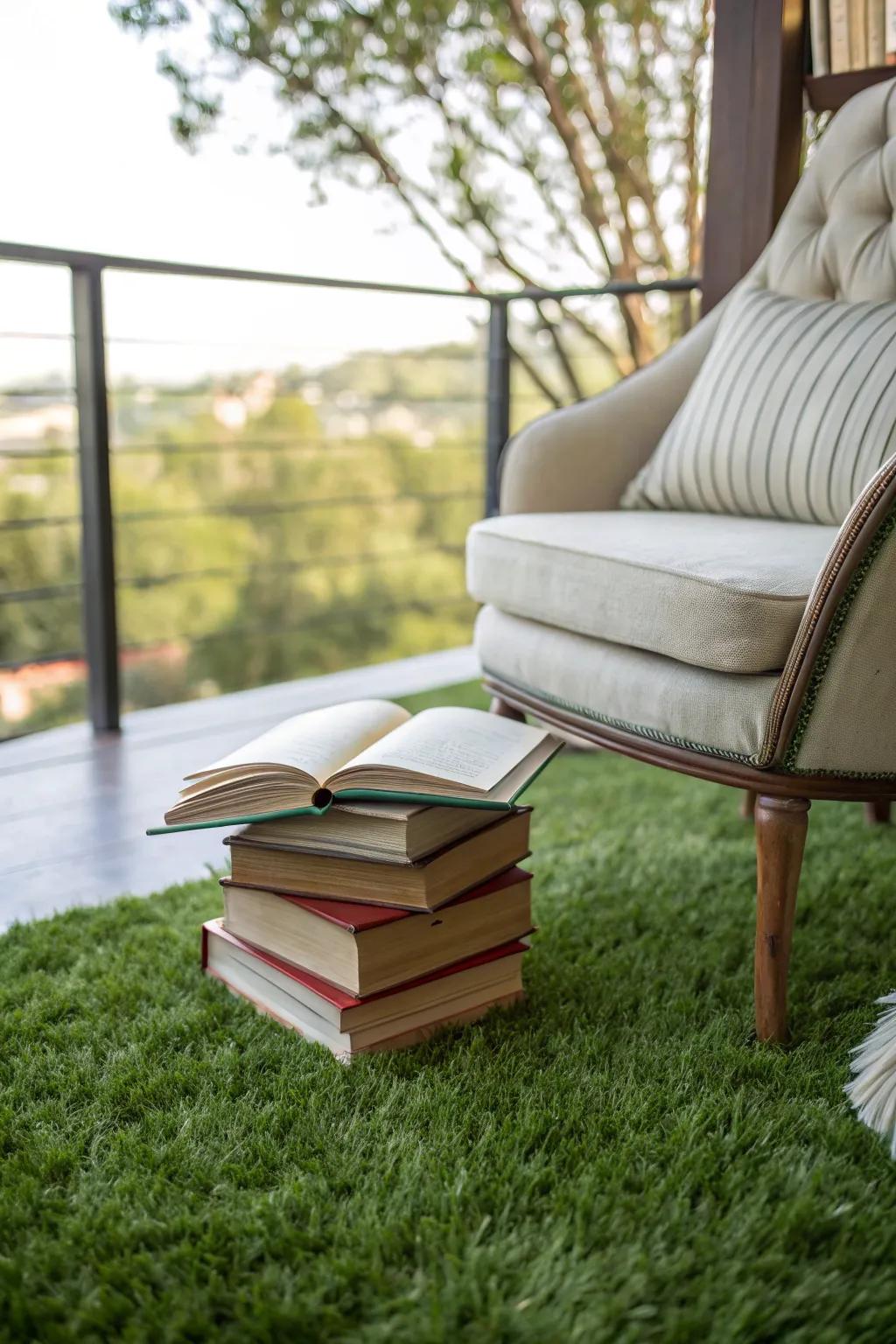 A peaceful reading nook set on lush synthetic turf.