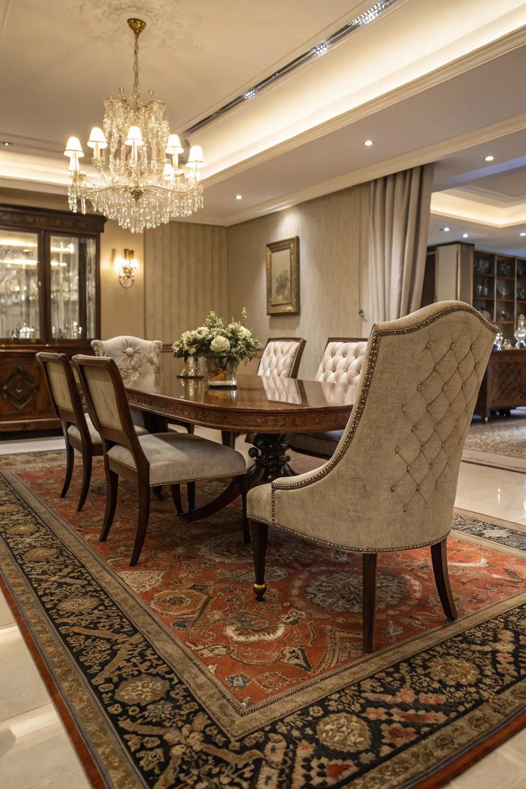 Decorative rugs add depth and artistic flair to the dining area.