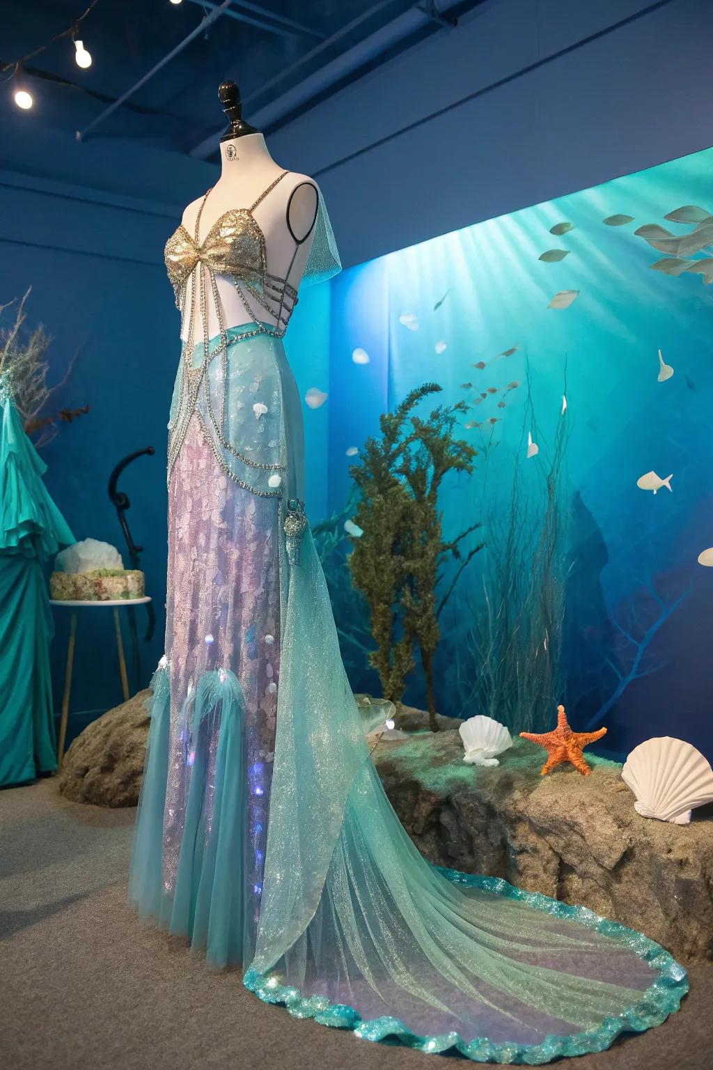 With a captivating mermaid costume, dive into the mystical realm.