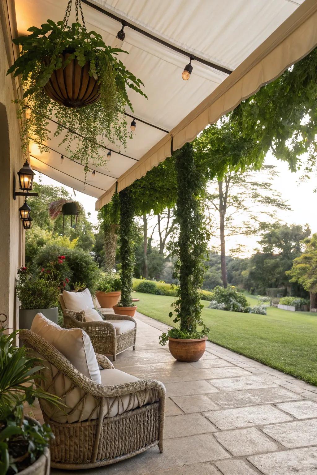 Cultivate a garden oasis via an awning and hanging plants.
