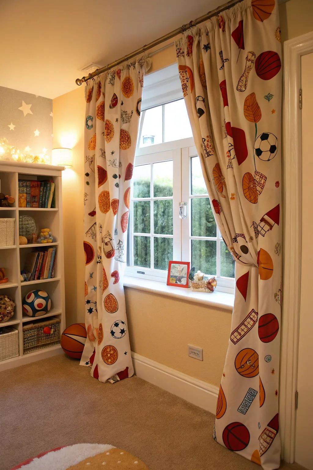 Sports-themed curtains seamlessly integrate with the overall nursery theme.