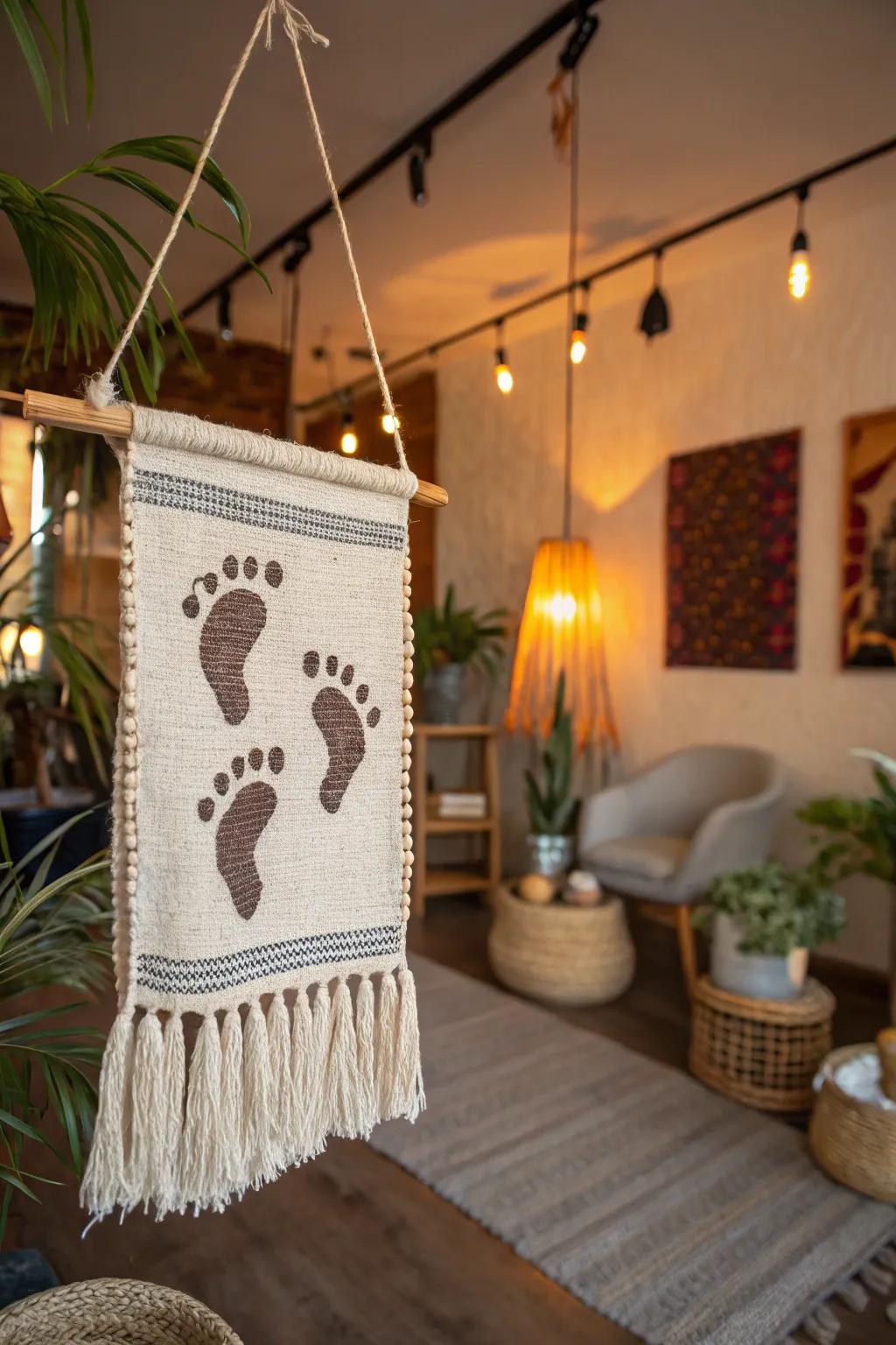 A delightful wall hanging that showcases baby footprints with style.