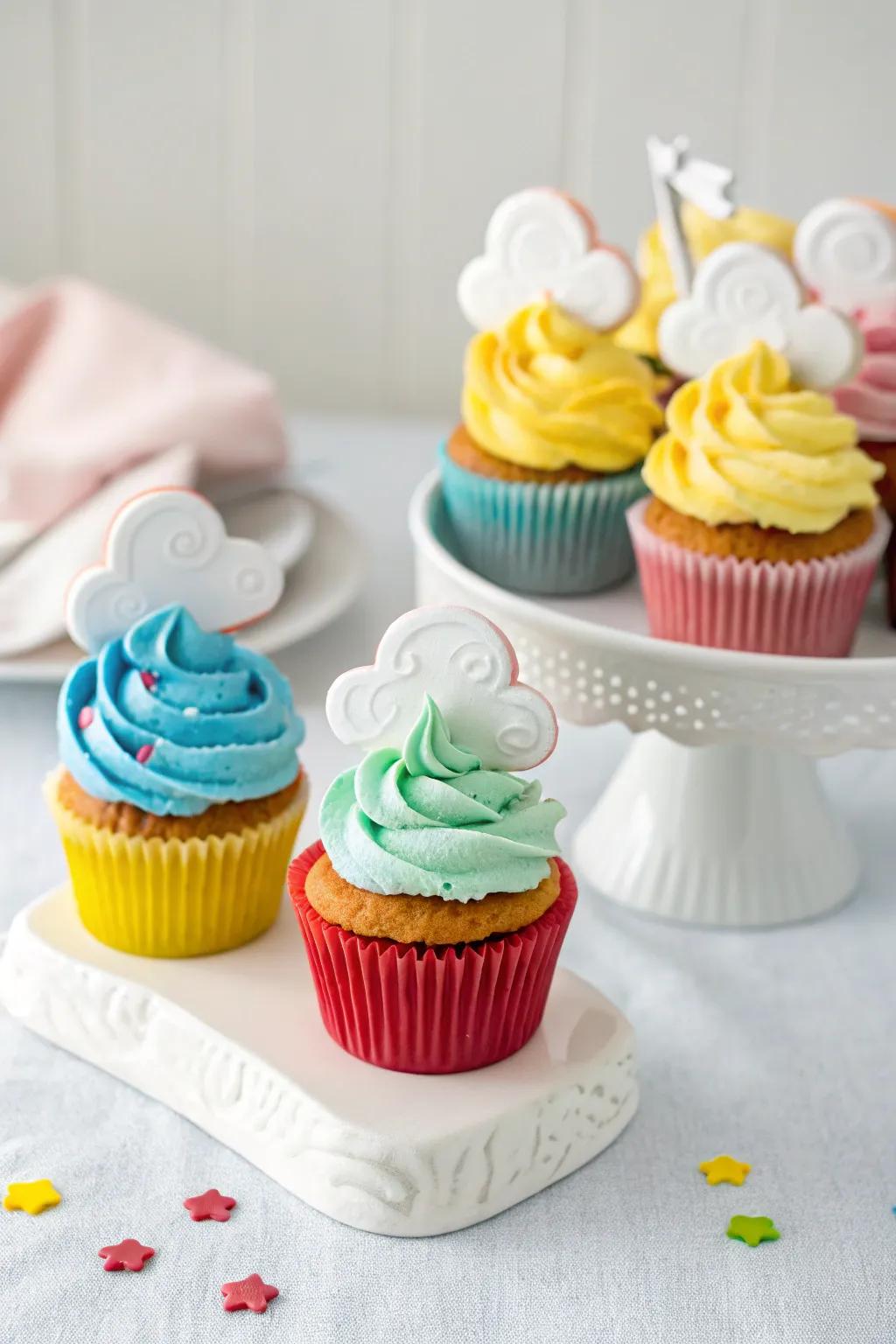 Cupcakes topped with clouds for a dreamy, whimsical baby shower.