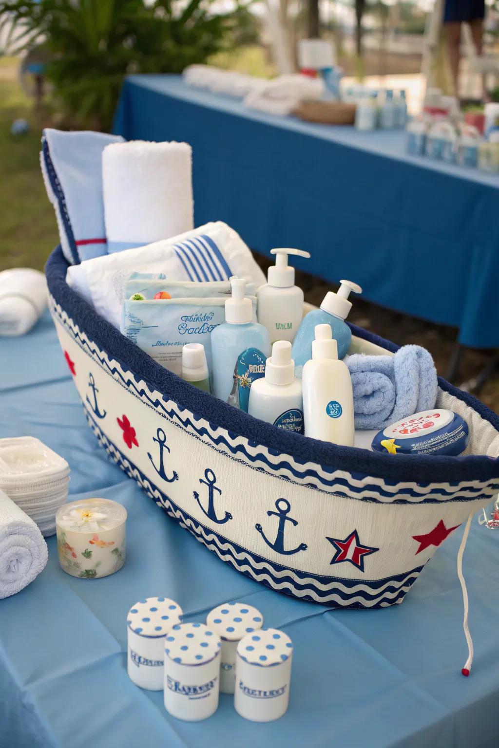 A creative diaper watercraft ideal for nautical themes.