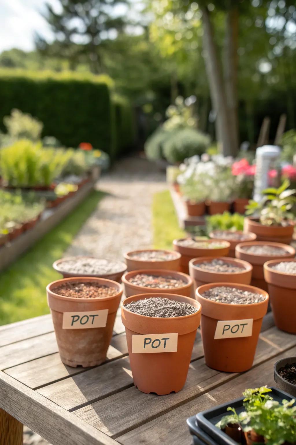 Soil containers symbolize sprouting and new beginnings.