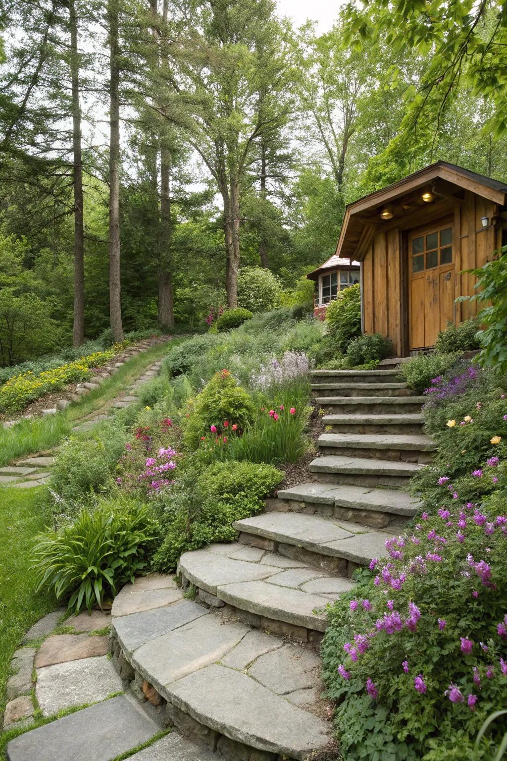 Curved steps create a harmonious flow with nature.