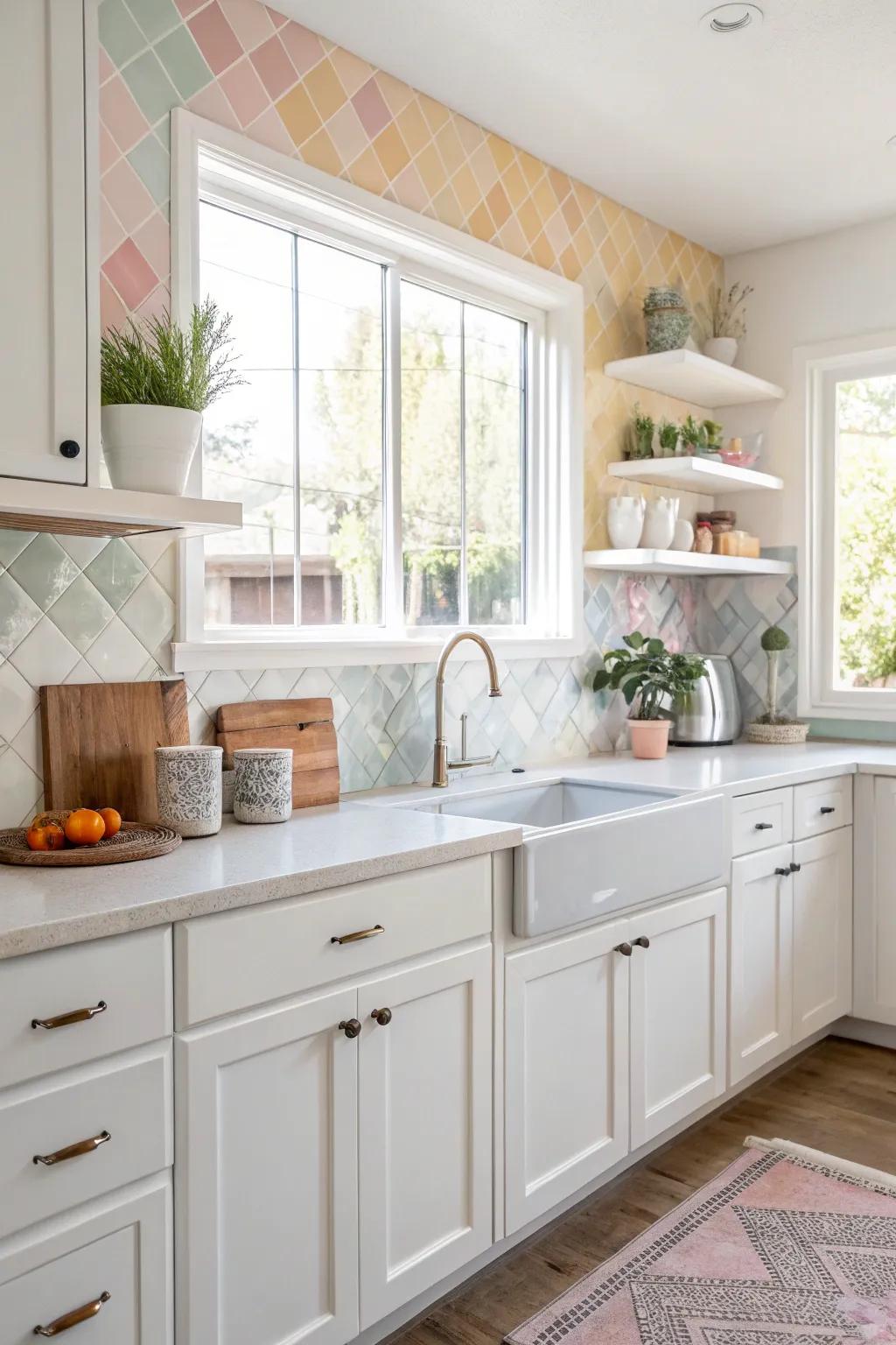 Light-toned tiles create a calming atmosphere in this white kitchen.
