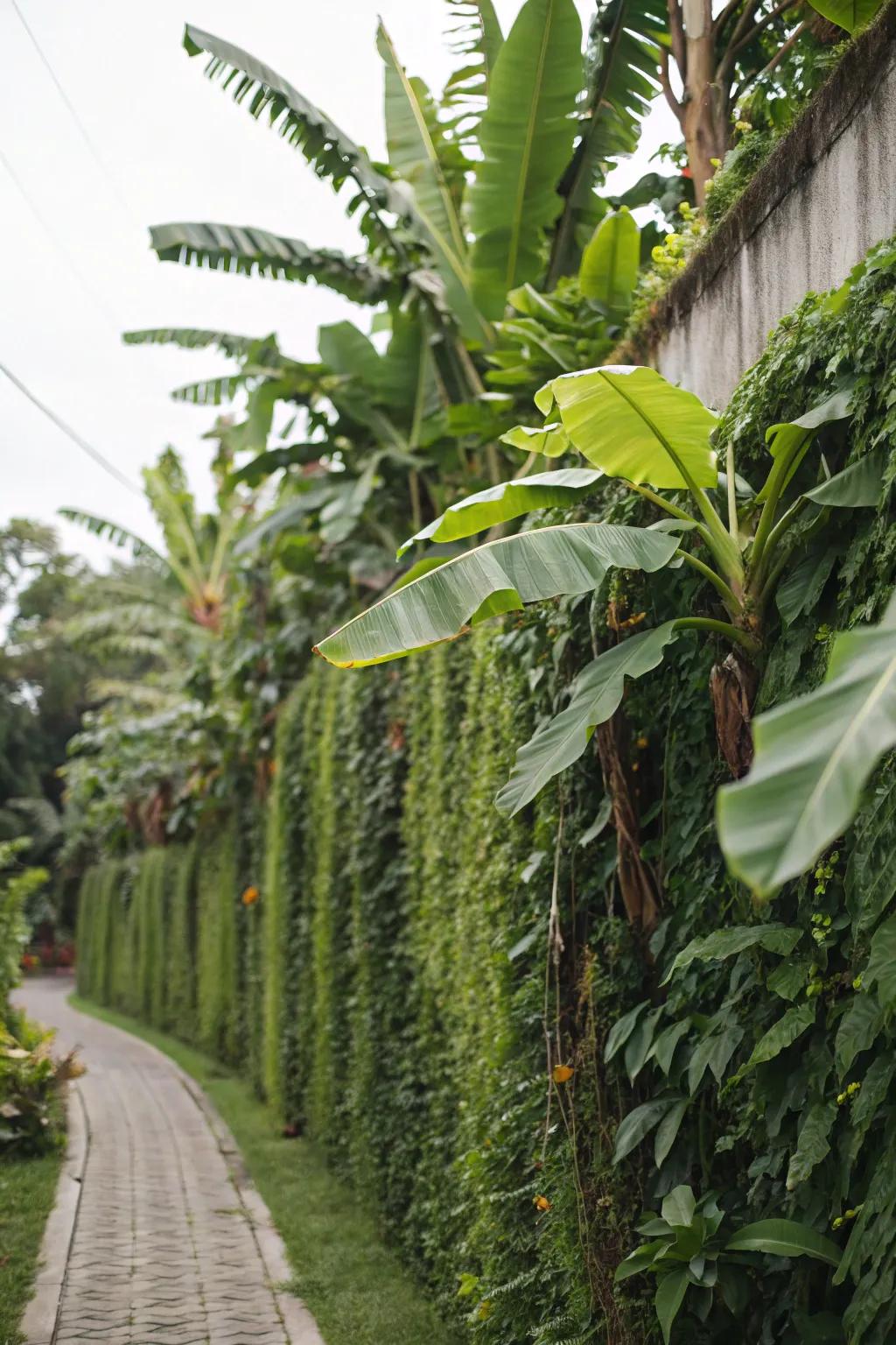 Design a lush upright garden with banana trees and climbing plants.