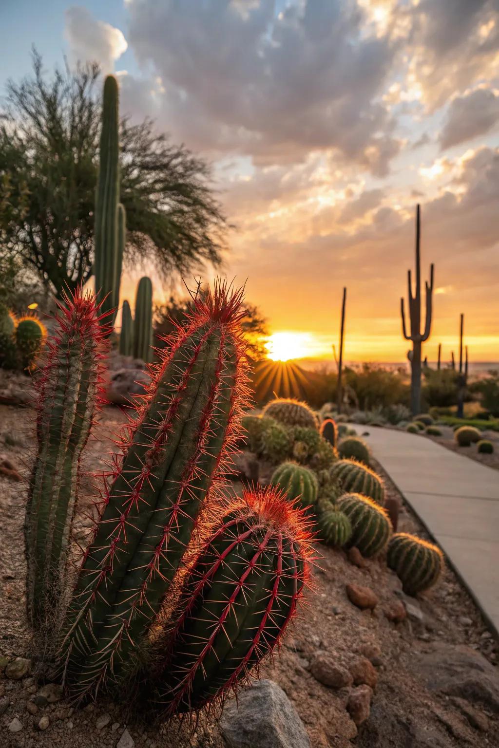 Red-spined cacti glow beautifully at sunset.