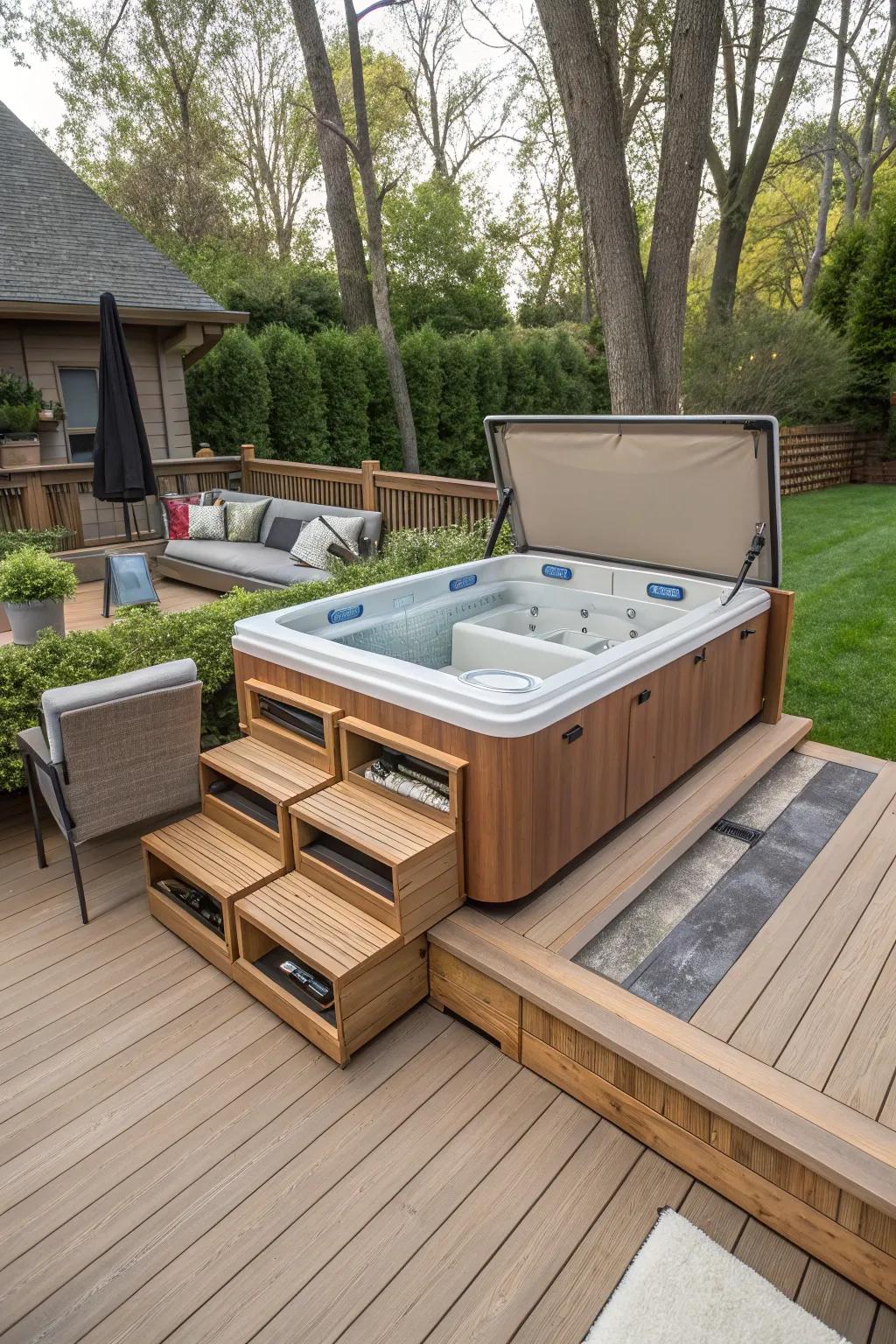 Hidden storage keeps your spa tub area organized and clutter-free.