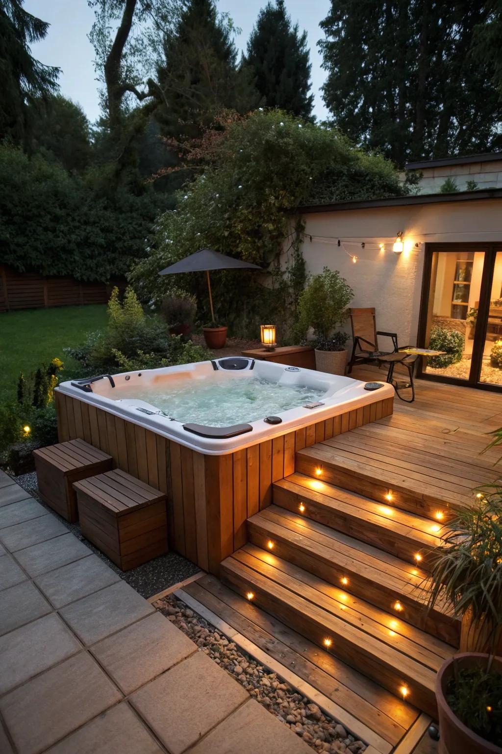 Inset seating attaches convenience and fashion to your hot tub area.