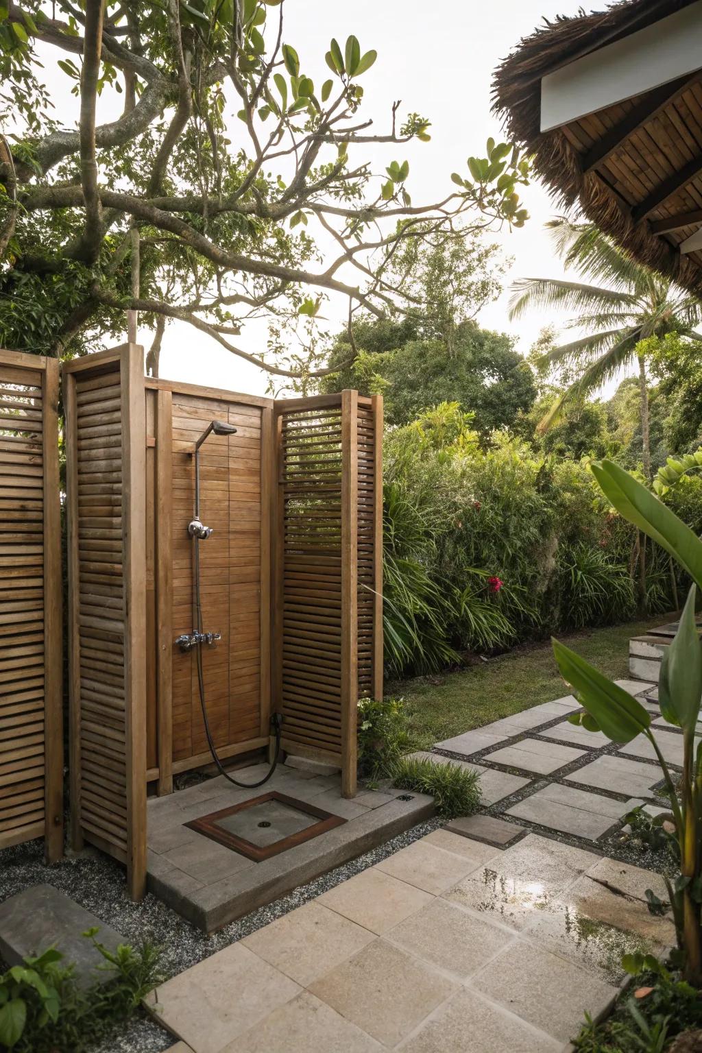 A private outdoor shower area with stylish partitions.