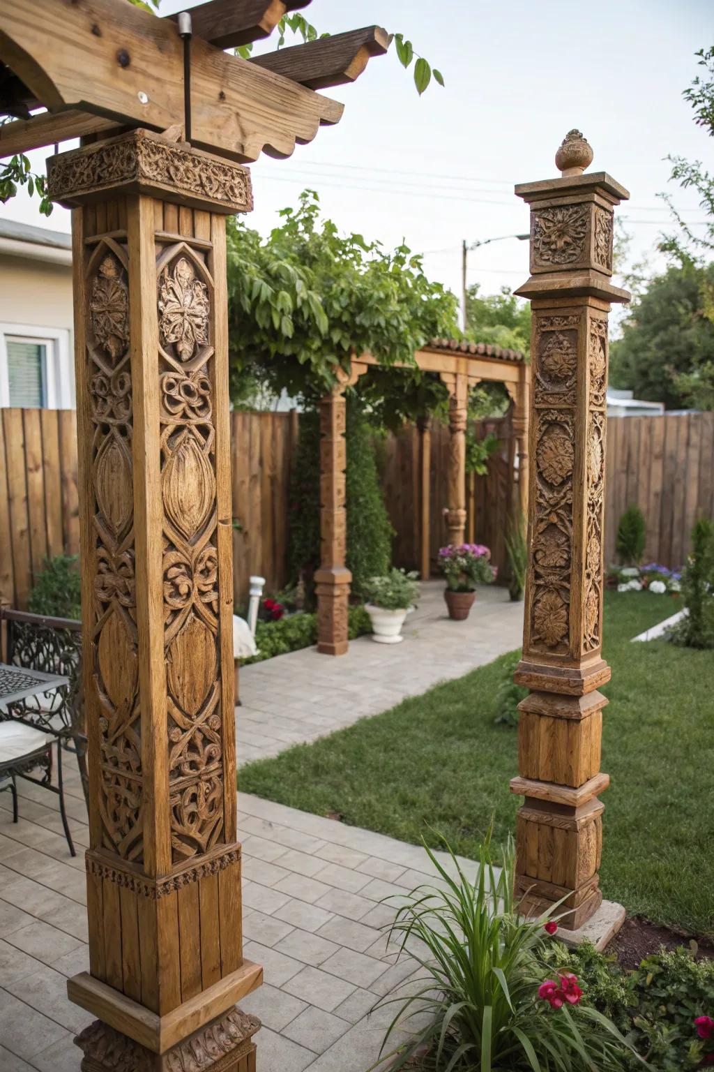 Incorporate some personality with intricately carved wooden posts.