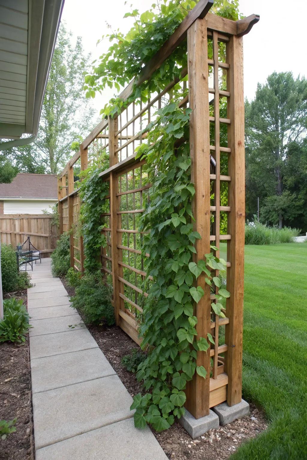 A trellis turned pretty by green vines.
