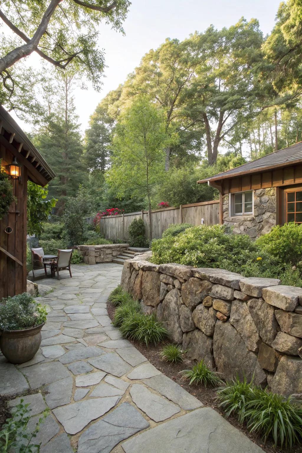 A natural rock wall adds rustic charm and privacy.