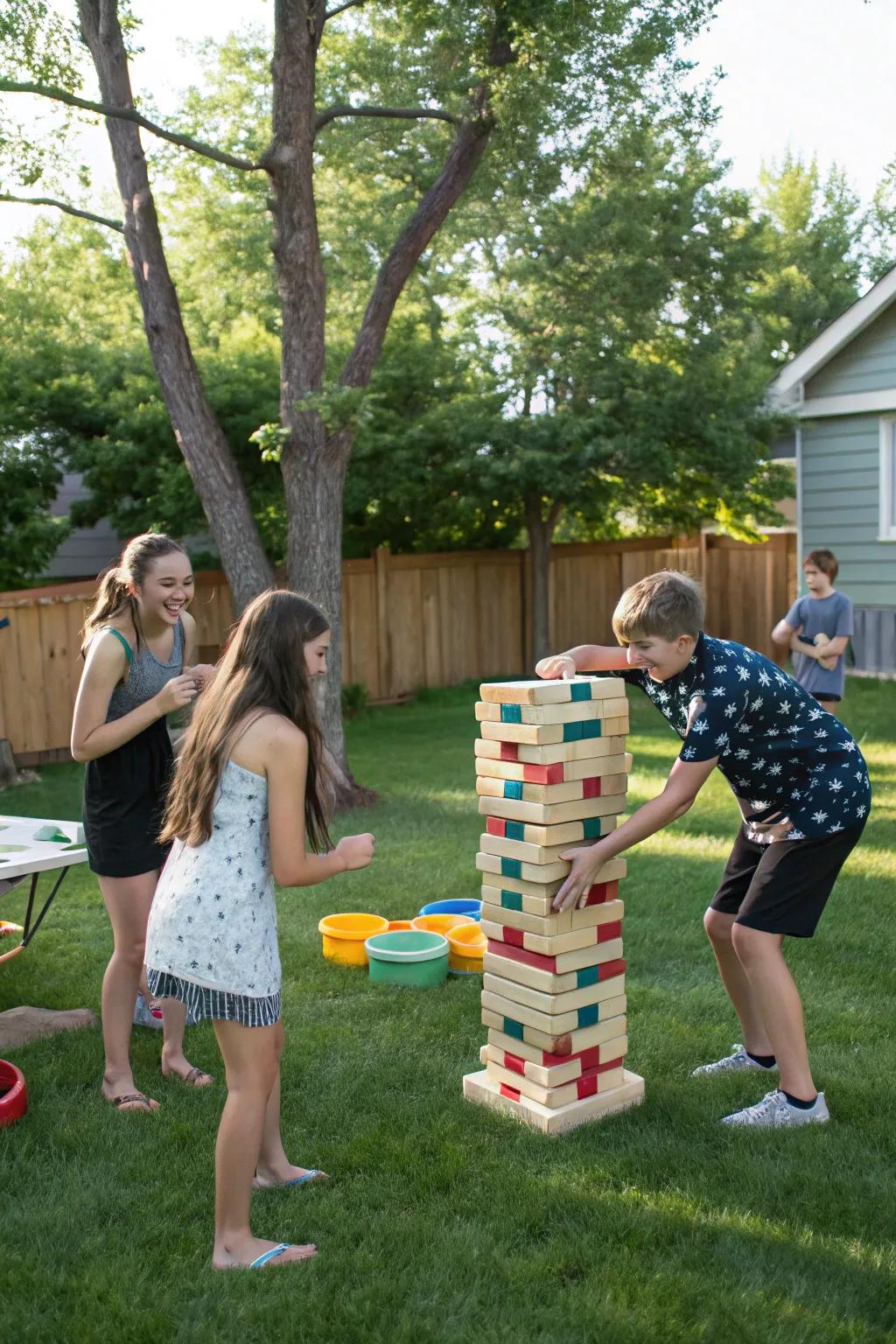Guests enjoying giant yard games at the party.