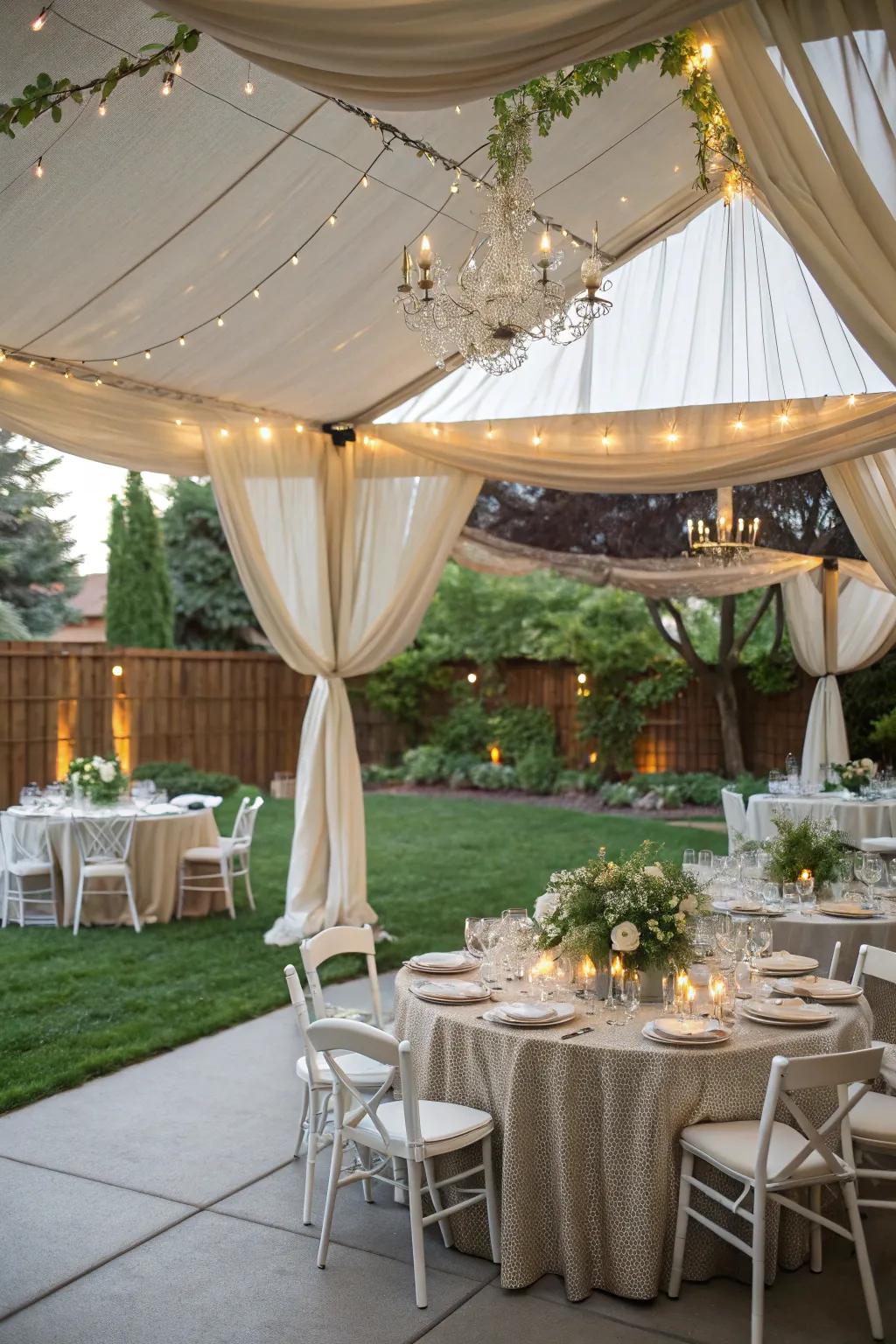 An elegant tent provides shade and refinement to the wedding setup.