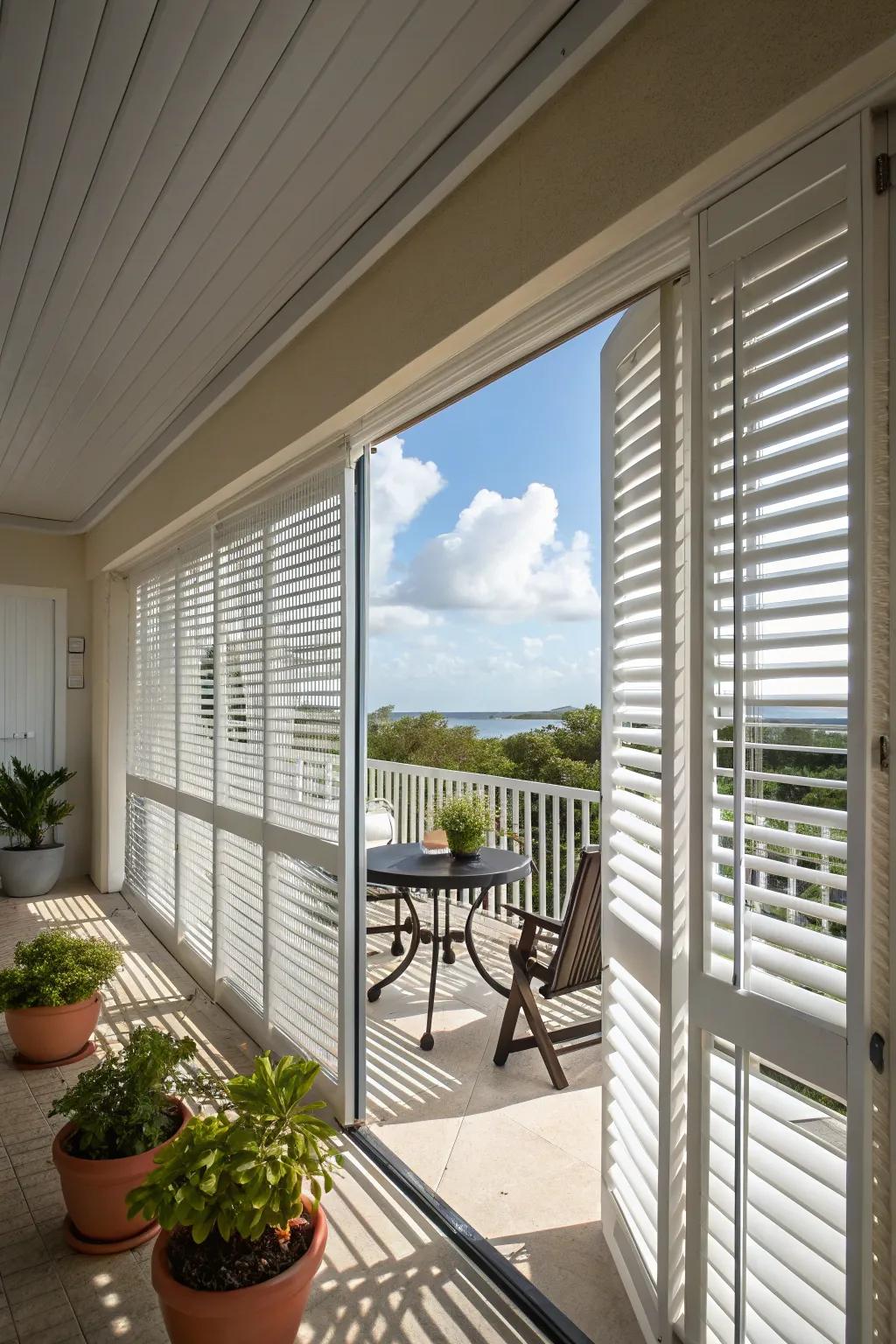 Stylish Bahama shutters providing adjustable shade on a balcony.