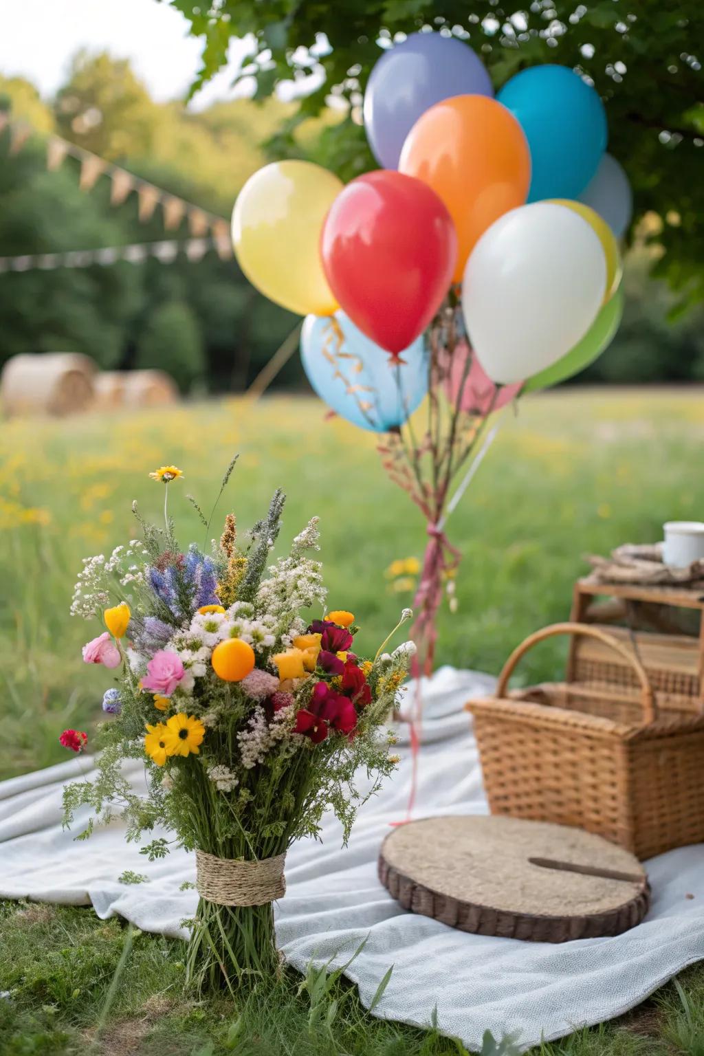 A rustic balloon display that adds a natural touch to outdoor gatherings.