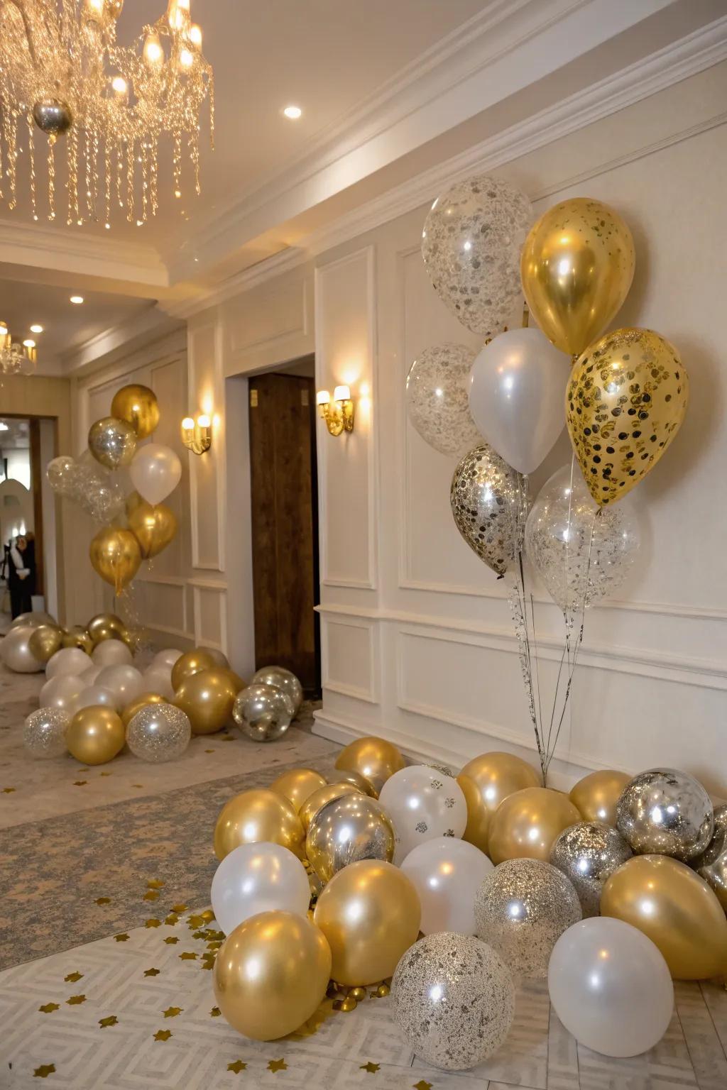 Lustrous balloons contribute a touch of glamour and sophistication.