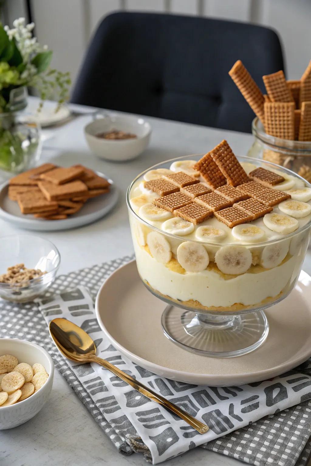 Patterned designs produce a striking visual effect on banana pudding.