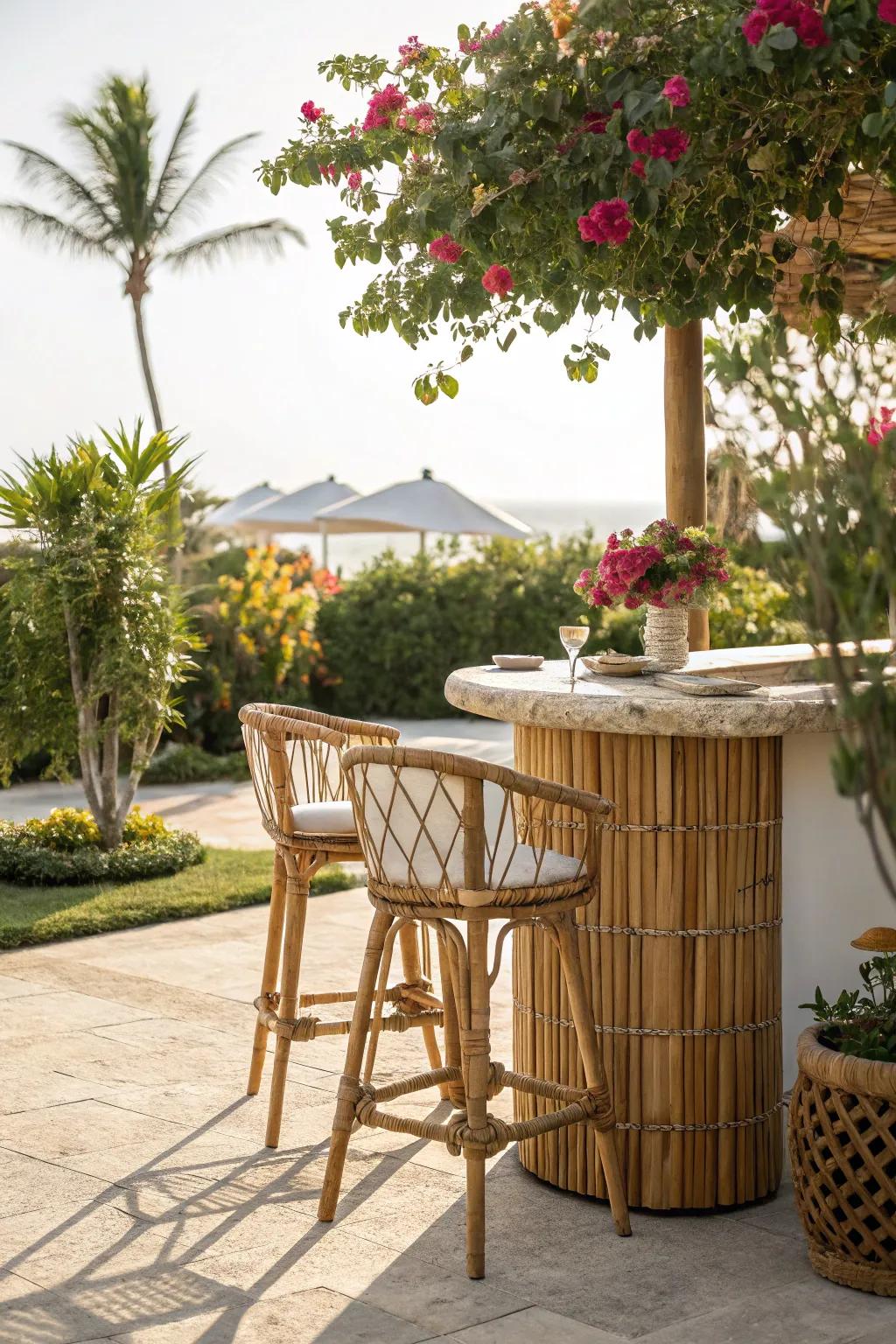 Tropical bar table creating a vacation-like atmosphere.