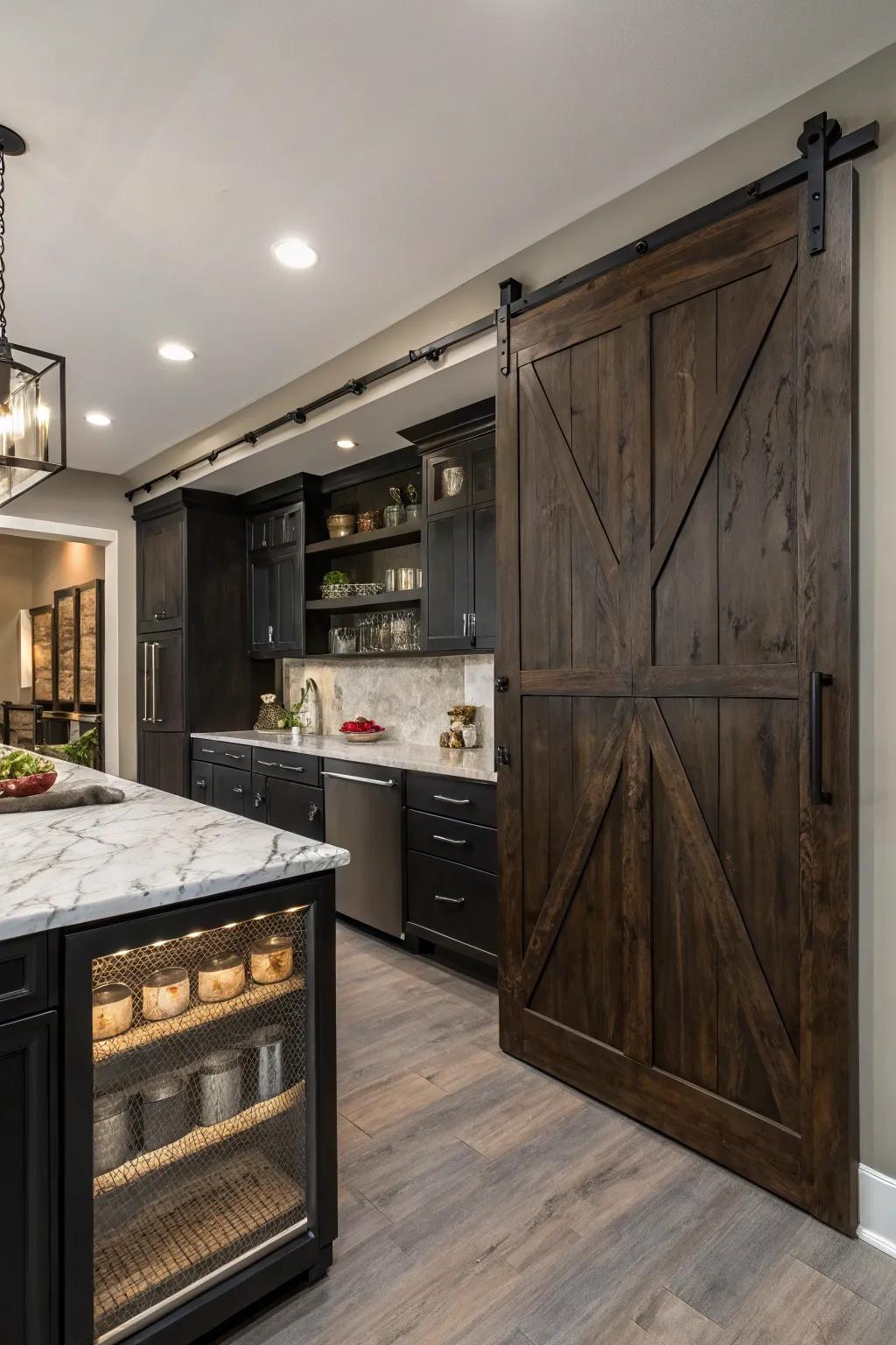 A kitchen featuring a sliding barn door pantry in dark tones.
