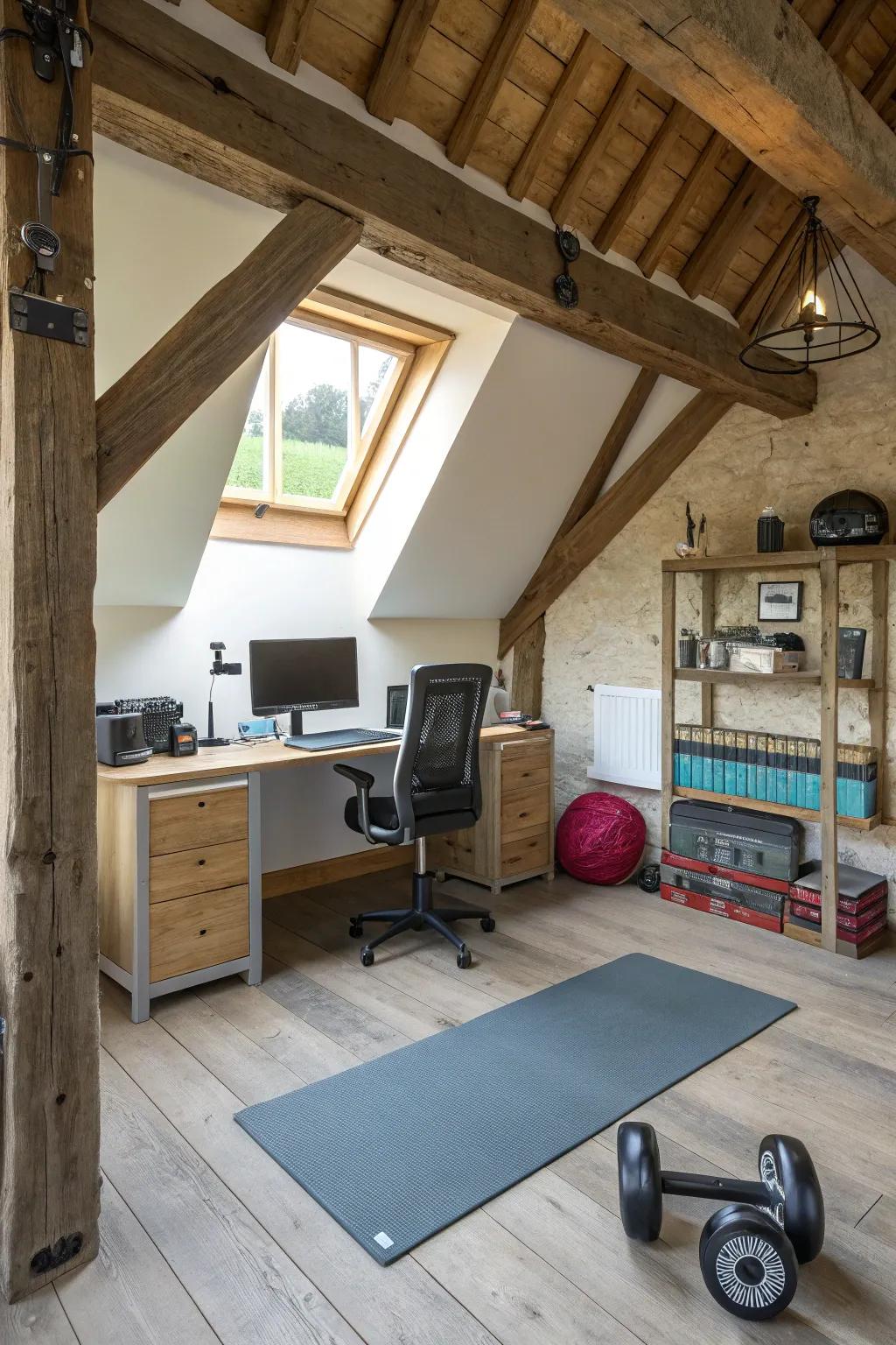 A multi-purpose space serving as both an office and workout room.