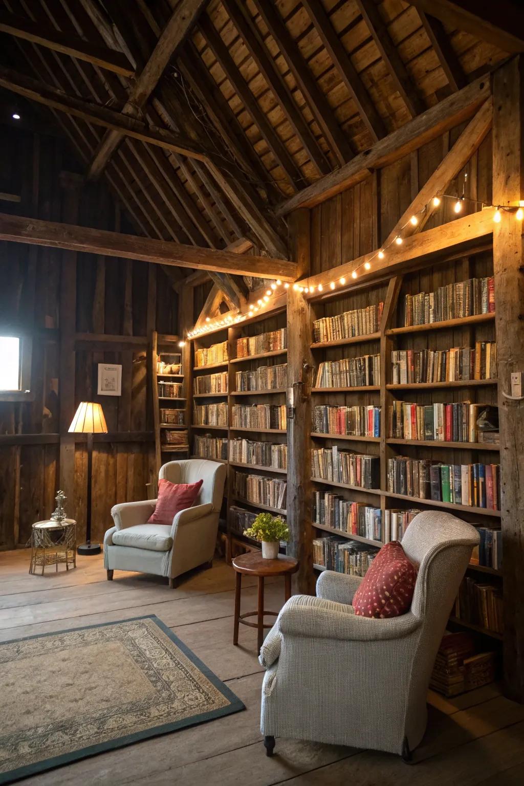 A secluded barn reading space is a haven for book enthusiasts.