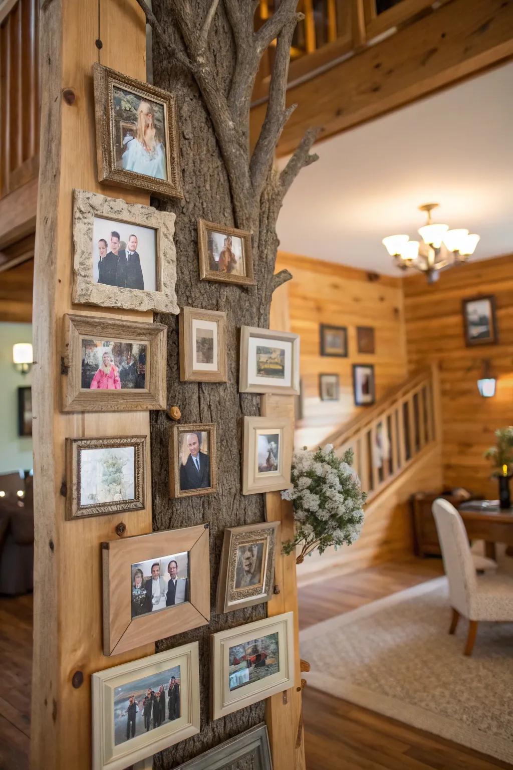 Frames of aged wood arranged in a genealogical record configuration.