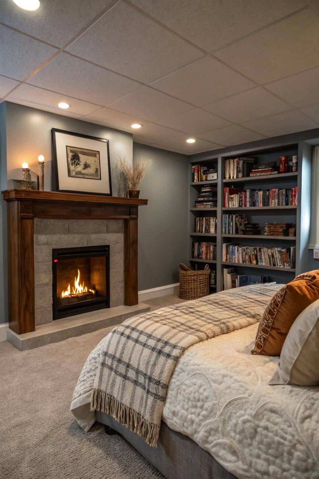 A fake fireplace can add warmth and ambiance to a room without windows.