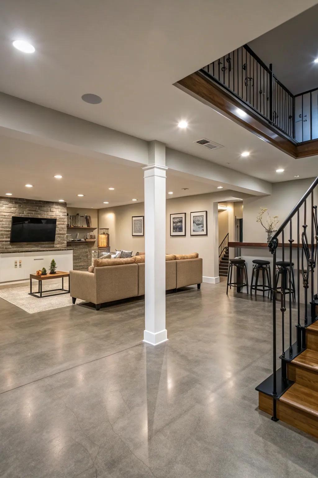 Seamless concrete floor transitions create a cohesive and flowing multi-level basement.