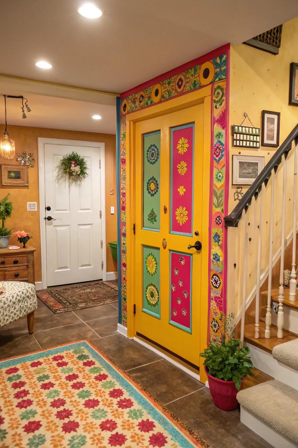 A boldly colored basement entrance introduces individuality and vibrancy to the home.