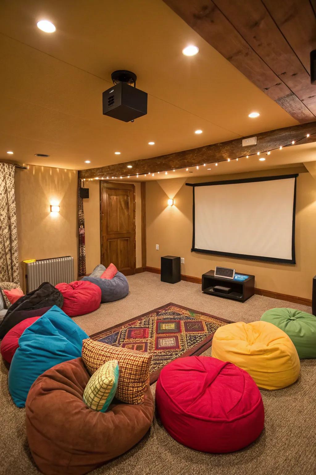 A movie night nook creates a cozy space for family entertainment.