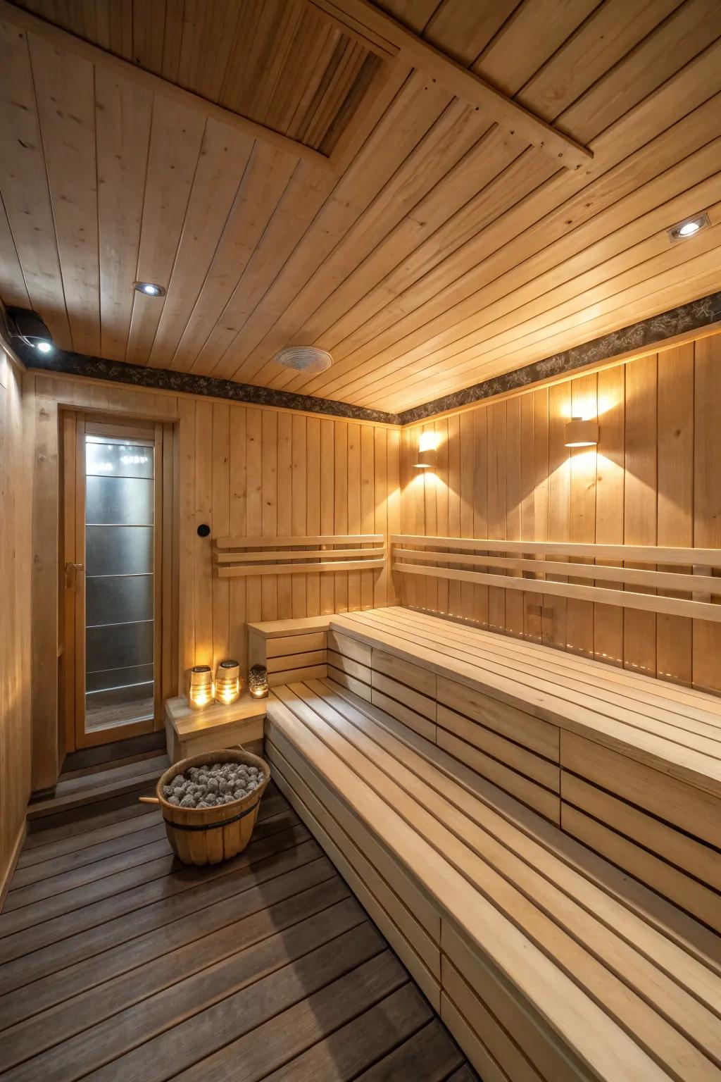 A luxurious sauna situated in the basement featuring natural wood finishes and soft lighting.