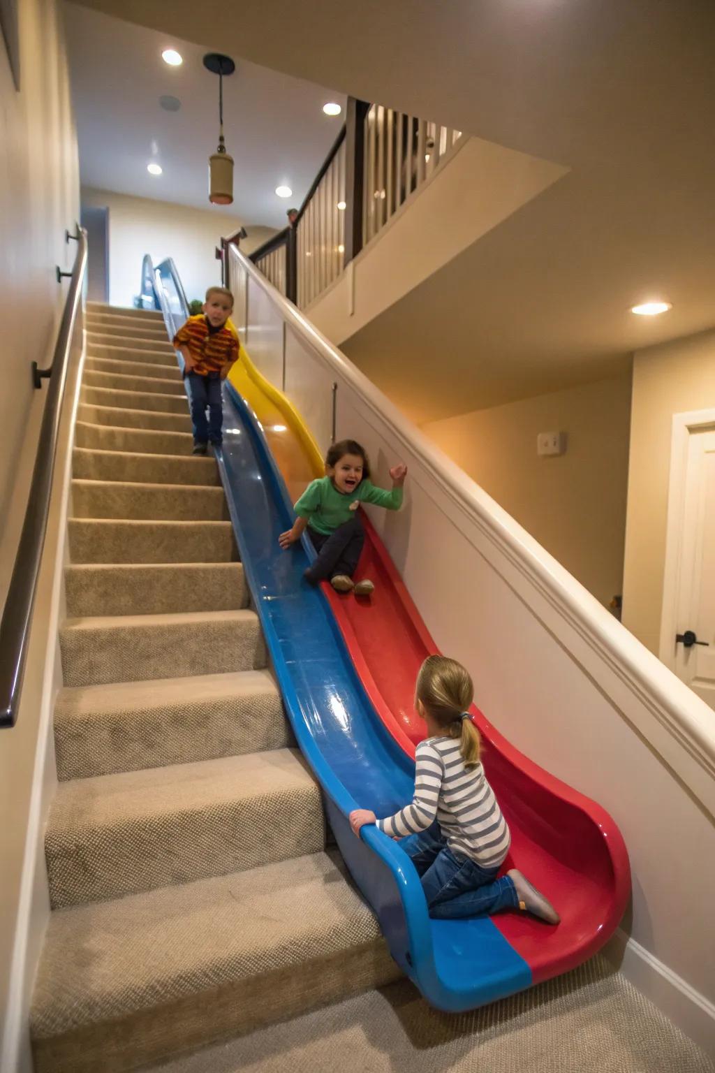 A stair slide brings playfulness and excitement to the stairway.