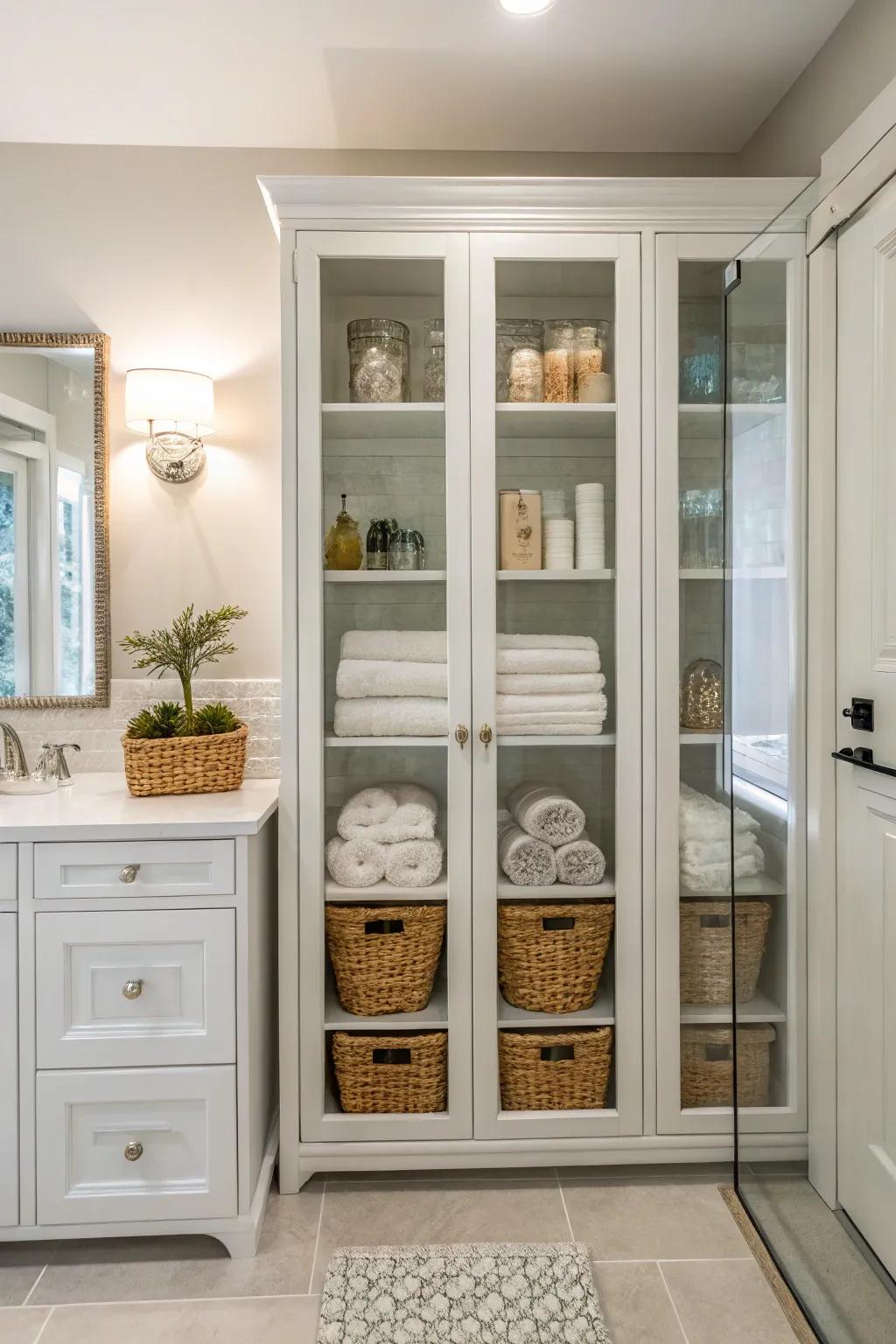 Glass-front shelves elegantly display items while keeping them dust-free.